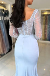 Chic Sky Blue Mermaid Scoop Beaded Long Sleeves Split Front Satin Prom Evening Dresses With Sequins